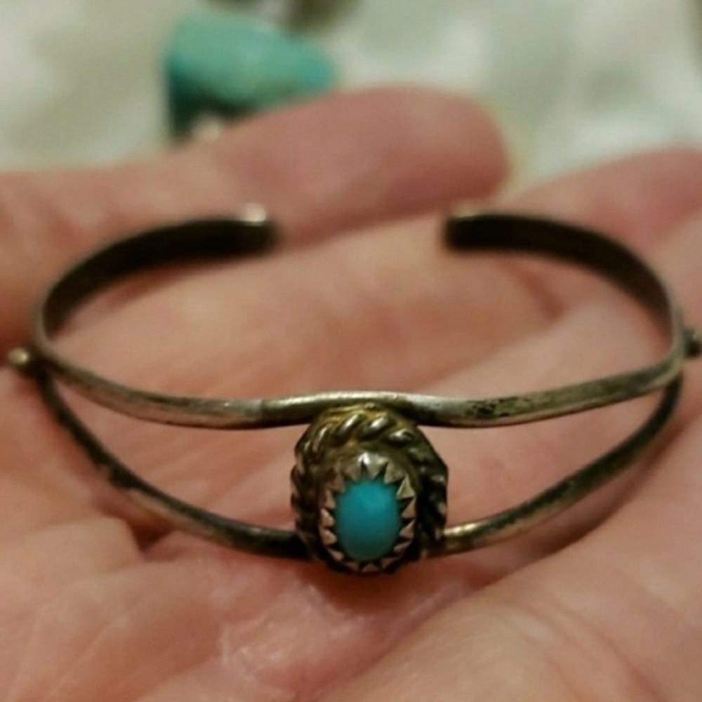 Vintage BABY Size Coral Turquoise Native American Sterling Silver Cuff Bracelet